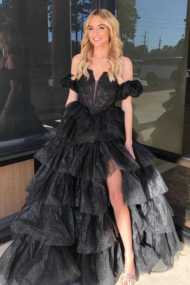 Sexy Sweetheart Black A-Line Lace Layered Dress with Slit - Image 4