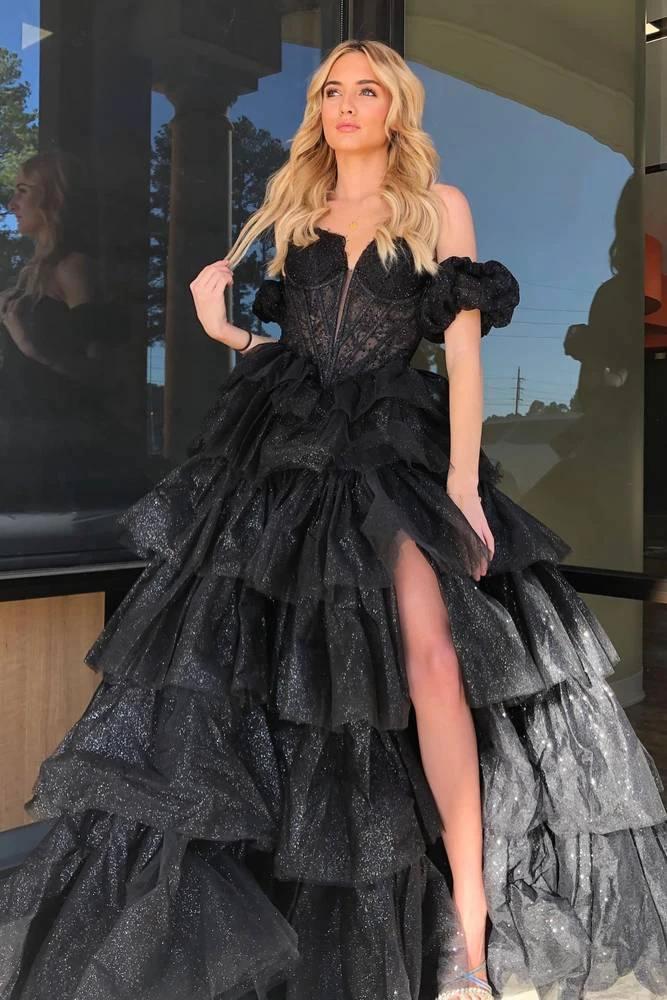 Sexy Sweetheart Black A-Line Lace Layered Dress with Slit - Image 5