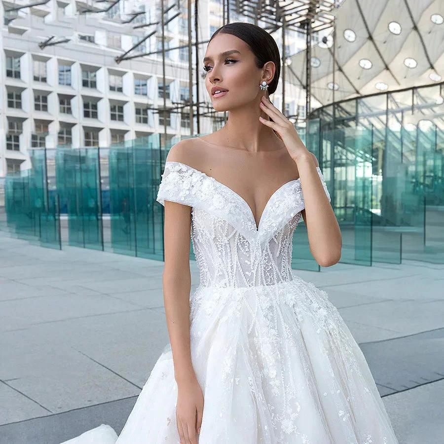 Sexy Sweetheart Lace Wedding Dresses Women's V-neck Decal Princess Wedding Formal Party 2023 Off Shoulder Beaded Romantic Bridal - Image 3