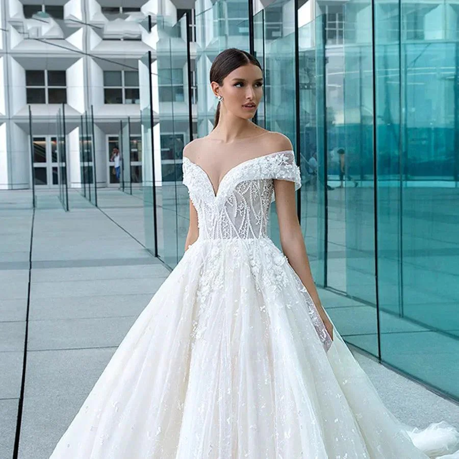 Sexy Sweetheart Lace Wedding Dresses Women's V-neck Decal Princess Wedding Formal Party 2023 Off Shoulder Beaded Romantic Bridal - Image 5