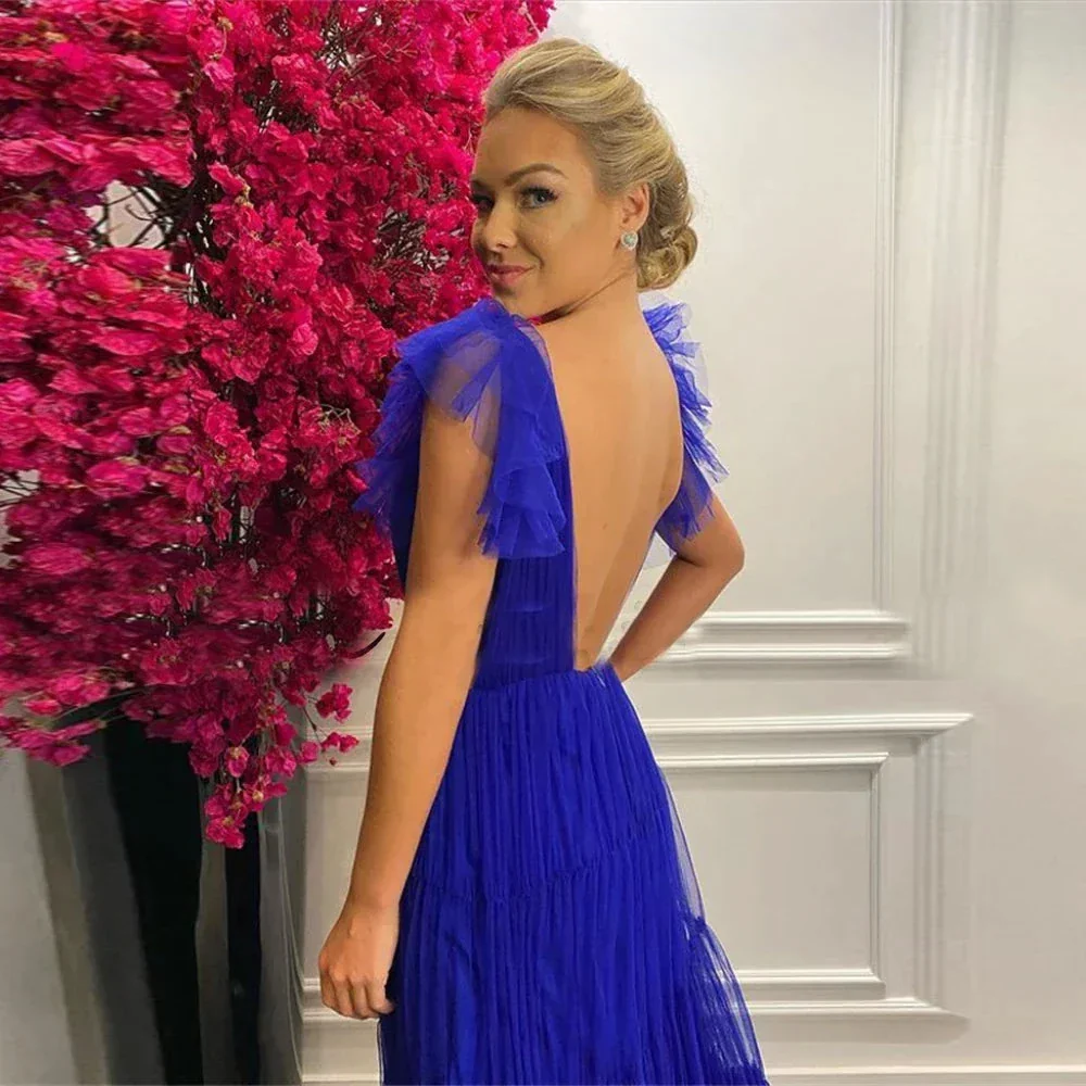 Sexy Tiered Tulle Deep V Neck Evening Gown Open Back Ruched Sweep Train Backless Side Cut Outs A Line Pleated Prom Dress Y4698 - Image 2