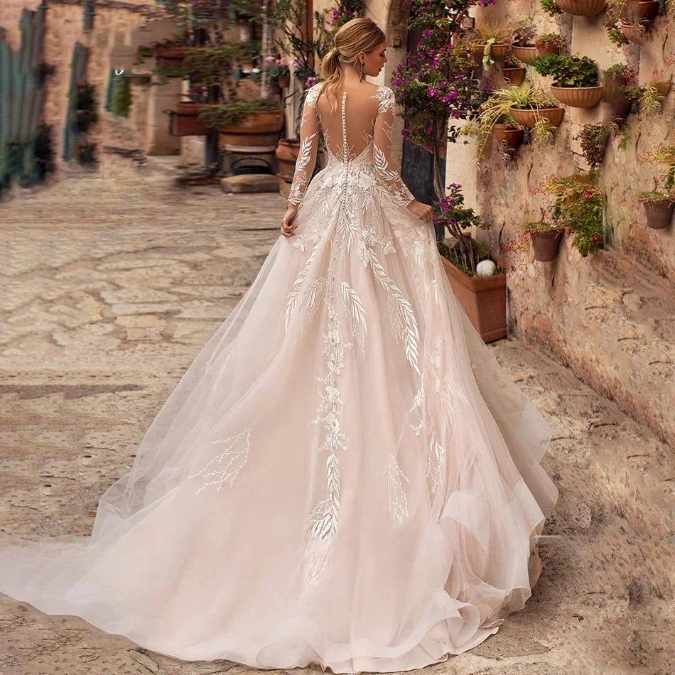 Sexy V-Neck Applique Wedding Dress Lace 2023 Illusion Long Sleeve A-Line Princess Bride Dress Bohemia Vestido De Noiva Women's - Image 2