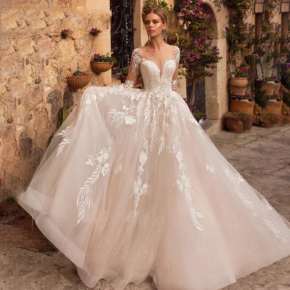 Sexy V-Neck Applique Wedding Dress Lace 2023 Illusion Long Sleeve A-Line Princess Bride Dress Bohemia Vestido De Noiva Women's - Image 3