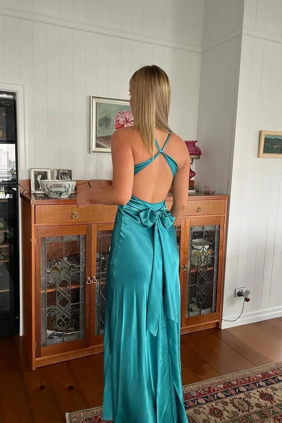 Sexy V Neck Backless Long Prom Dress Green Evening Gown Y7973 - Image 2
