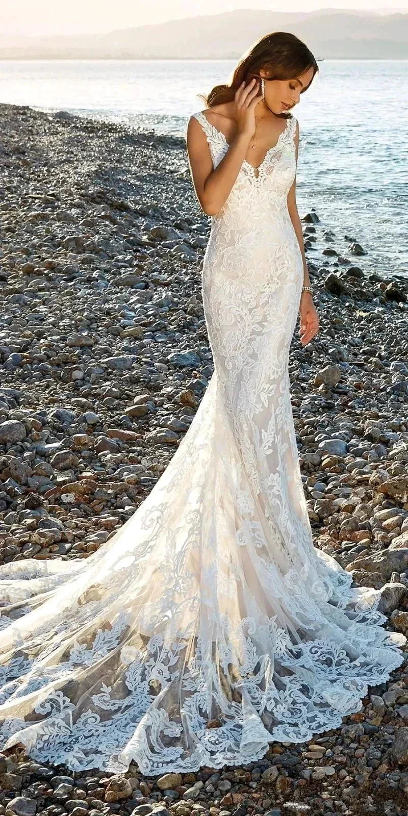Sexy V-Neck Backless Mermaid Vestidos De Novia Appliques Vestido De Noiva Sweep Train Beach Wedding Dresses Lace Robe De Mariée - Image 2