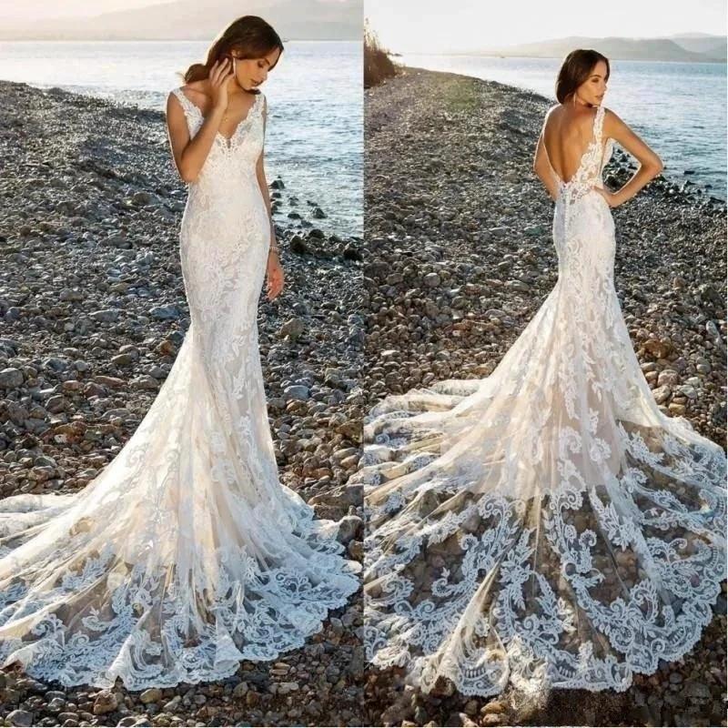 Sexy V-Neck Backless Mermaid Vestidos De Novia Appliques Vestido De Noiva Sweep Train Beach Wedding Dresses Lace Robe De Mariée - Image 3