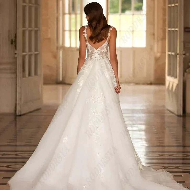 Sexy V-Neck Backless Wedding Dress For Women Romantic Tulle  Spaghetti Straps Bride Party A-line Sleeveless Bridal Gown - Image 2