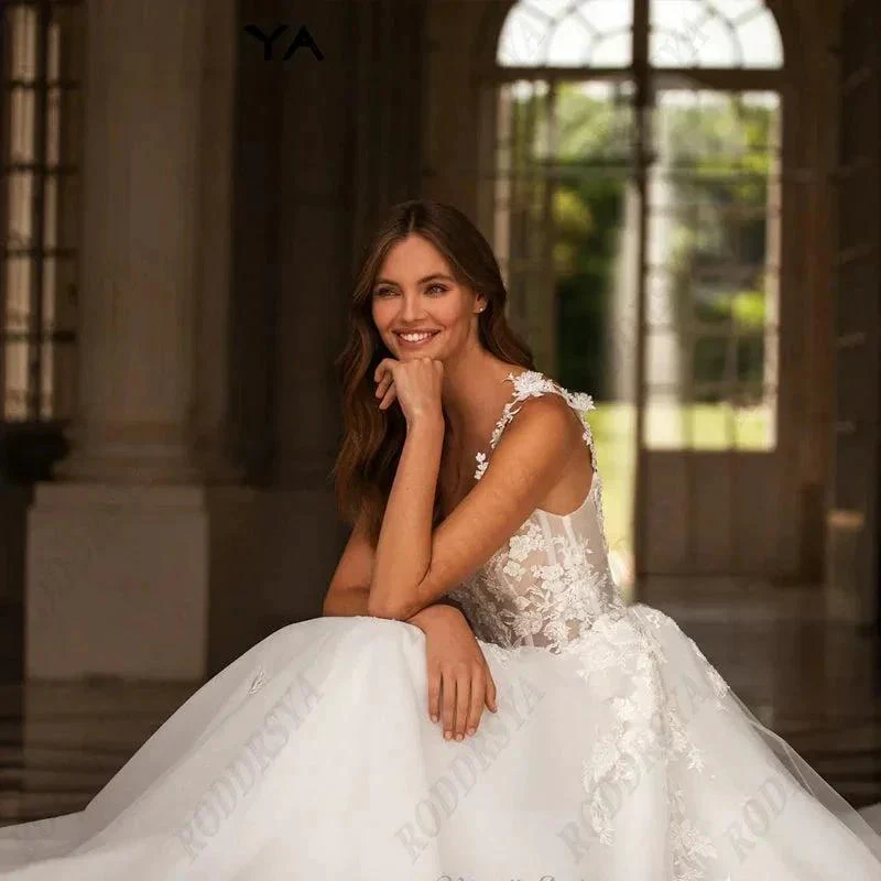 Sexy V-Neck Backless Wedding Dress For Women Romantic Tulle  Spaghetti Straps Bride Party A-line Sleeveless Bridal Gown - Image 3