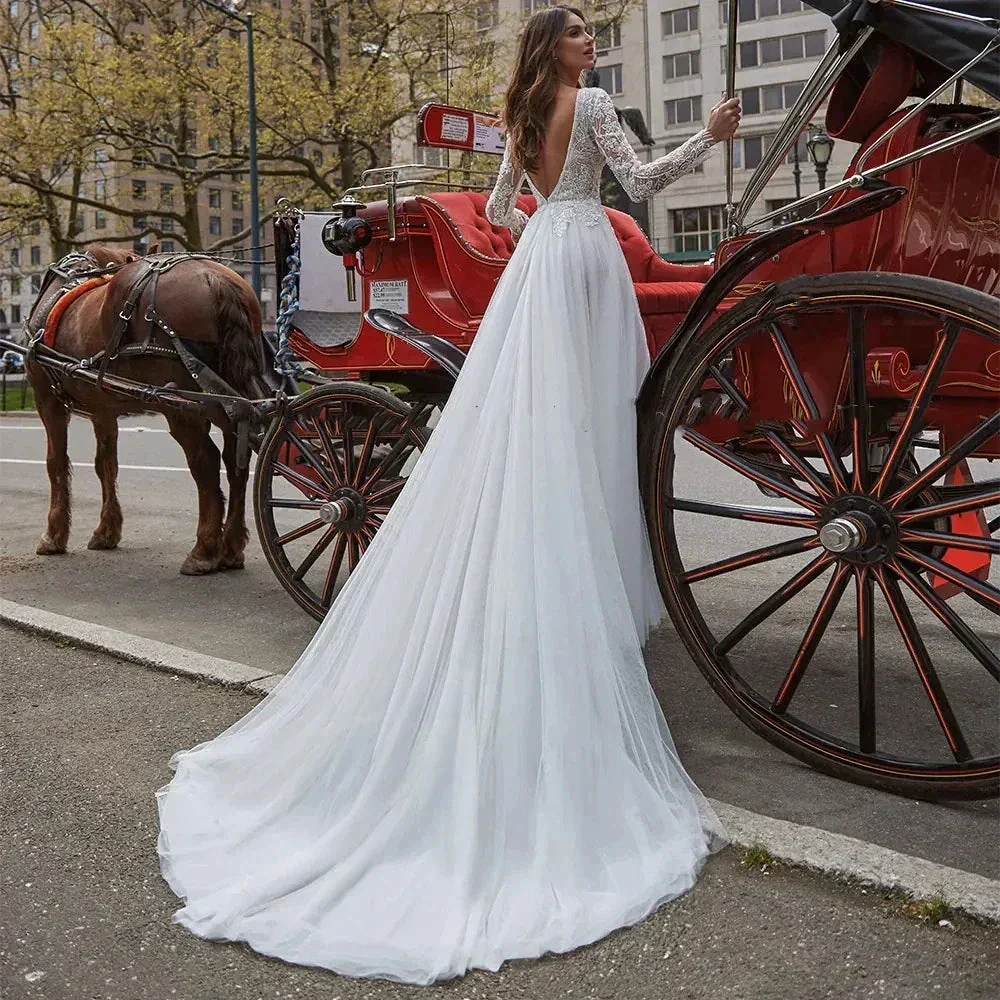 Sexy V Neck Backless Wedding Dresses Lace Long Sleeve Applique Princess Ball Gowns Fluffy A Line Side Slit formal ladies Party - Image 2