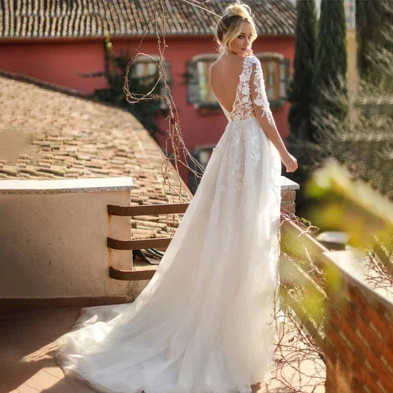 Sexy V Neck Bridal Dresses Long Sleeves Lace Appliques Wedding Gowns For Women Backless Vestidos Robe Noiva Mariage Customized - Image 3