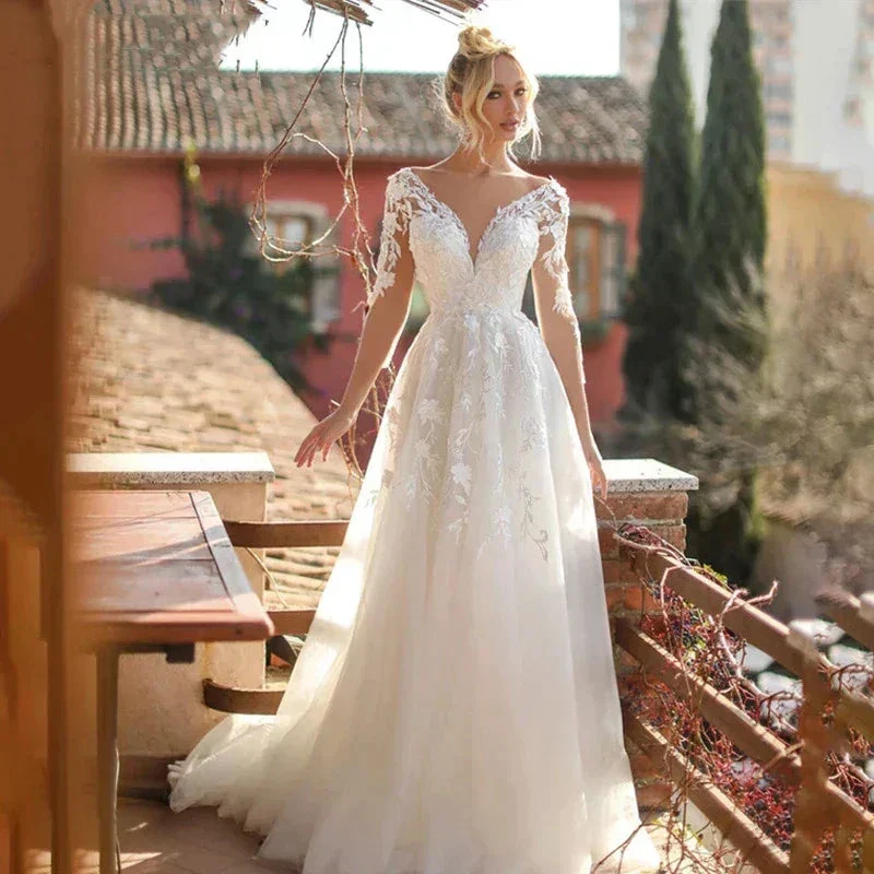 Sexy V Neck Bridal Dresses Long Sleeves Lace Appliques Wedding Gowns For Women Backless Vestidos Robe Noiva Mariage Customized - Image 4