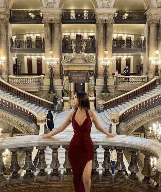 Sexy V Neck Burgundy Prom Dress With Split Sexy Evening Gown Y6361 - Image 2