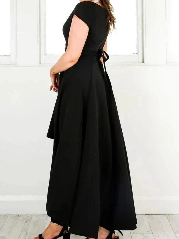Sexy V Neck Cap Sleeves Satin High Low Homecoming Dress PD073 - Image 2