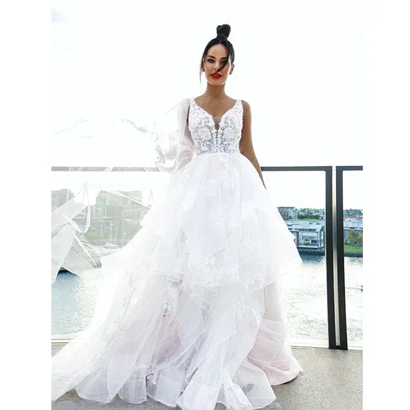 Sexy V-neck Double Shoulder Wedding Dresses White Sleeveless Bohemian Formal Beach Wedding Party Bridal Gowns 2023 Backless Robe - Image 2