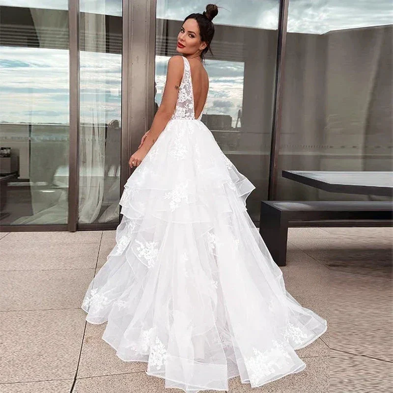 Sexy V-neck Double Shoulder Wedding Dresses White Sleeveless Bohemian Formal Beach Wedding Party Bridal Gowns 2023 Backless Robe - Image 3