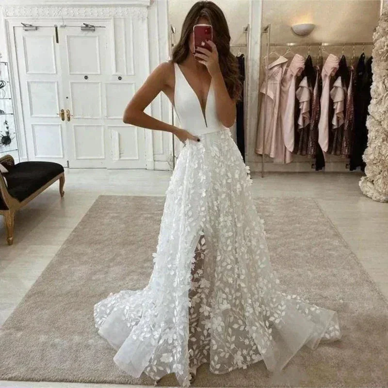 Sexy V Neck Lace Appliques A Line Wedding Dress 2023 Off the Shoulder Satin Bridal Gown Sweep Backless Floor Robe De Mariée - Image 2