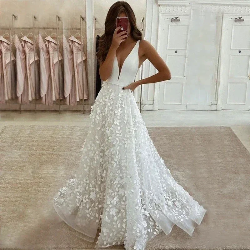 Sexy V Neck Lace Appliques A Line Wedding Dress 2023 Off the Shoulder Satin Bridal Gown Sweep Backless Floor Robe De Mariée - Image 3