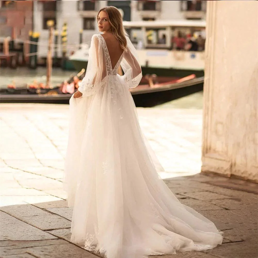 Sexy V Neck Lace Wedding Dresses 2024 Simple Long Puff Sleeves Bride Gowns Appliques Backless Custom Made - Image 2