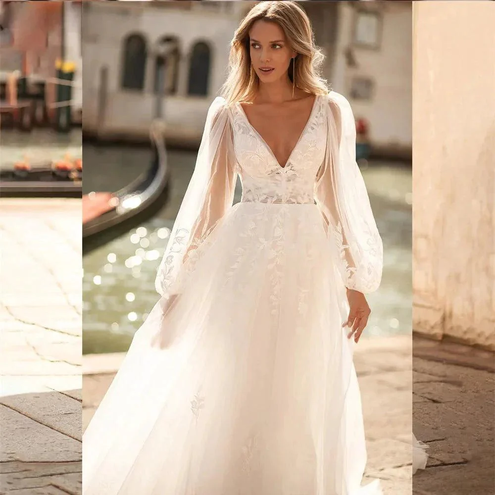 Sexy V Neck Lace Wedding Dresses 2024 Simple Long Puff Sleeves Bride Gowns Appliques Backless Custom Made - Image 3