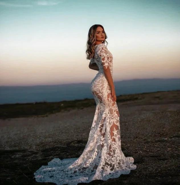 Sexy V-neck Mermaid Lace Wedding dresses with Sleeves - Image 2