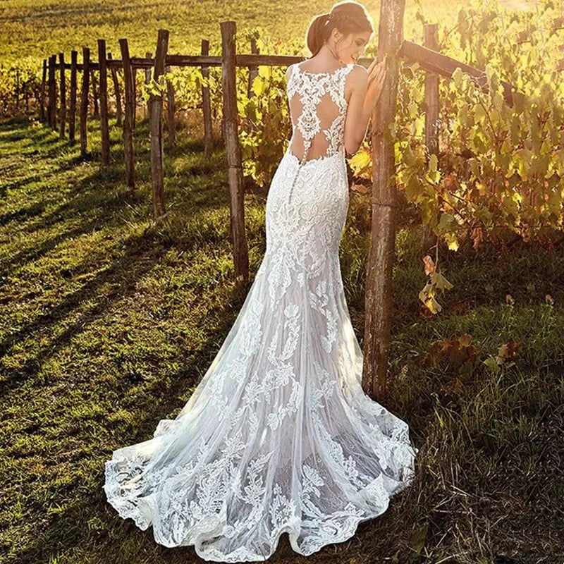 Sexy V-Neck Mermaid Wedding Dress 2023 Lace Boho Sleeveless Bride Gown Customized Buttons Pleats Illusion Back Vestido De Novia - Image 2