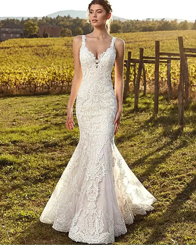 Sexy V-Neck Mermaid Wedding Dress 2023 Lace Boho Sleeveless Bride Gown Customized Buttons Pleats Illusion Back Vestido De Novia - Image 3