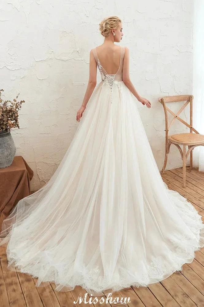 Sexy V-neck Princess Tulle Wedding Dress with Lace Appliques - Image 6