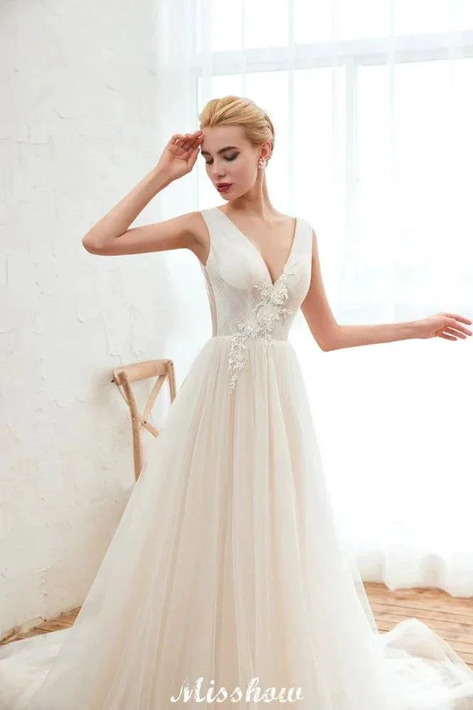 Sexy V-neck Princess Tulle Wedding Dress with Lace Appliques - Image 7