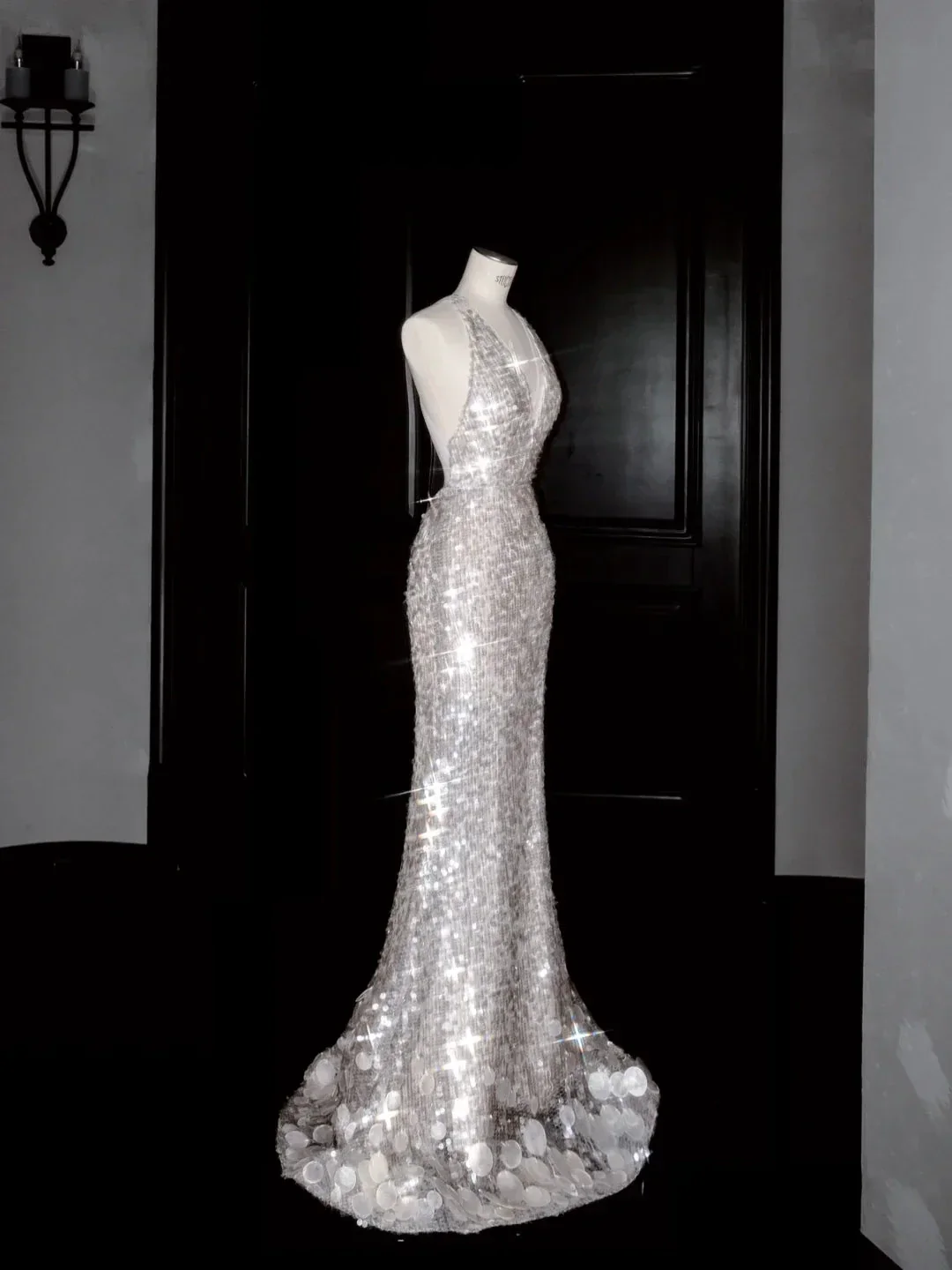 Sexy V Neck Silver Sequins Backless Mermaid Prom Dress Evening Dress Y8680 - Image 2