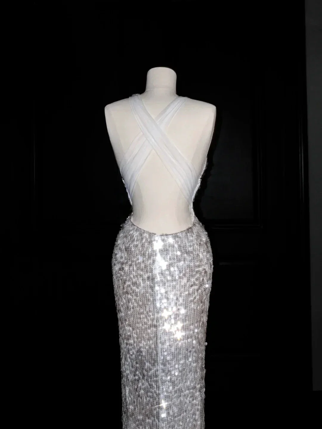 Sexy V Neck Silver Sequins Backless Mermaid Prom Dress Evening Dress Y8680 - Image 3