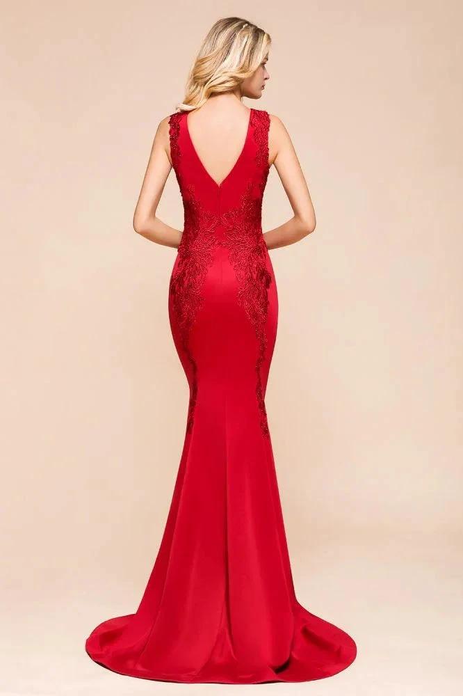 Sexy V-neck Sleeveless Mermaid Evening Maxi Gown Floral Appliques Party Dress with Sweep Train - Image 2