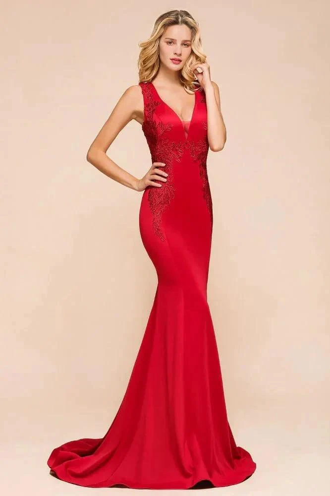 Sexy V-neck Sleeveless Mermaid Evening Maxi Gown Floral Appliques Party Dress with Sweep Train - Image 3