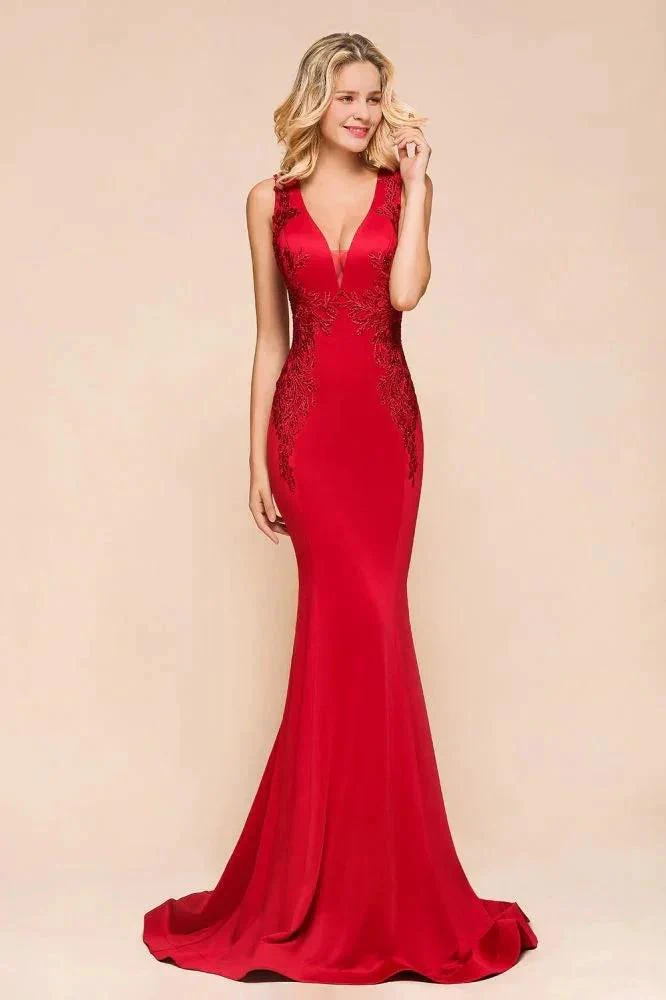 Sexy V-neck Sleeveless Mermaid Evening Maxi Gown Floral Appliques Party Dress with Sweep Train - Image 4