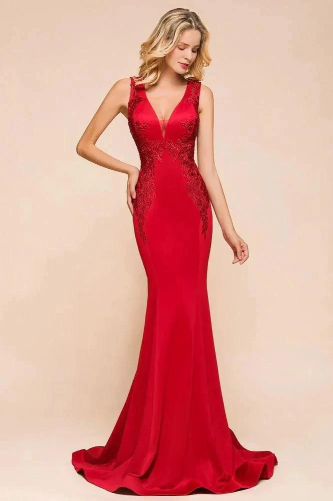 Sexy V-neck Sleeveless Mermaid Evening Maxi Gown Floral Appliques Party Dress with Sweep Train - Image 5