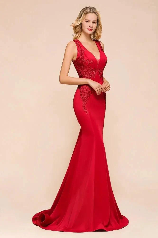 Sexy V-neck Sleeveless Mermaid Evening Maxi Gown Floral Appliques Party Dress with Sweep Train - Image 6