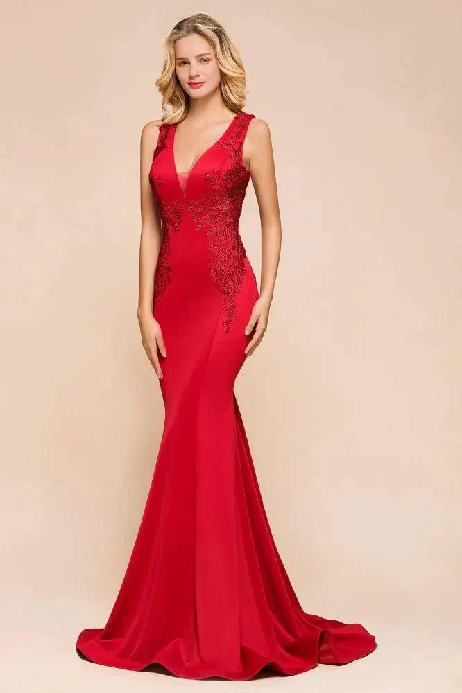 Sexy V-neck Sleeveless Mermaid Evening Maxi Gown Floral Appliques Party Dress with Sweep Train - Image 8