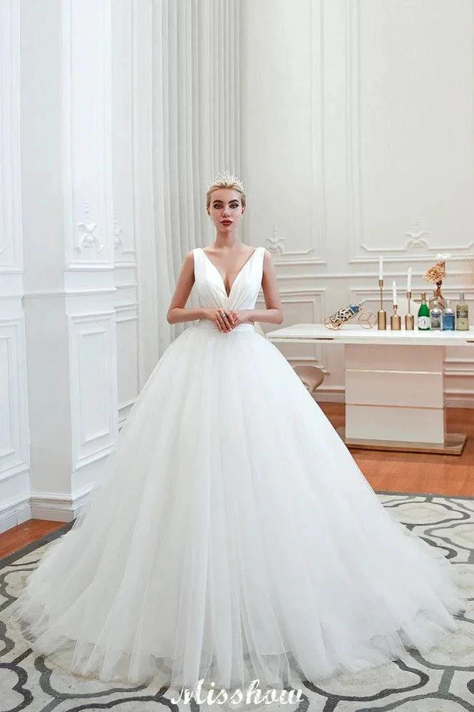 Sexy V-Neck Sleeveless Princess Spring Wedding Dress | White Low Back Bridal Gowns with Belt - Image 10