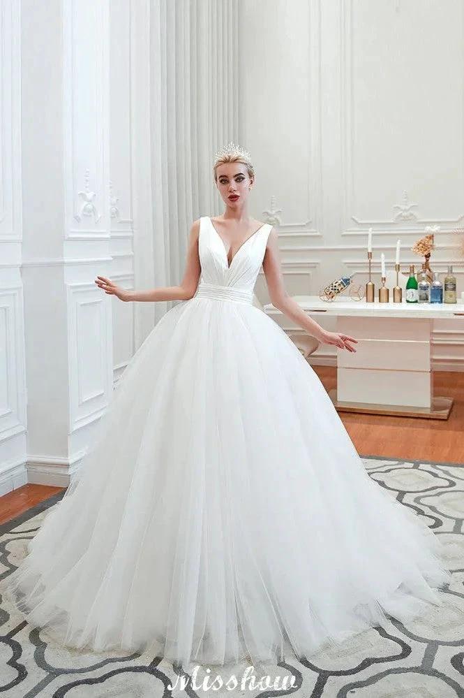 Sexy V-Neck Sleeveless Princess Spring Wedding Dress | White Low Back Bridal Gowns with Belt - Image 2