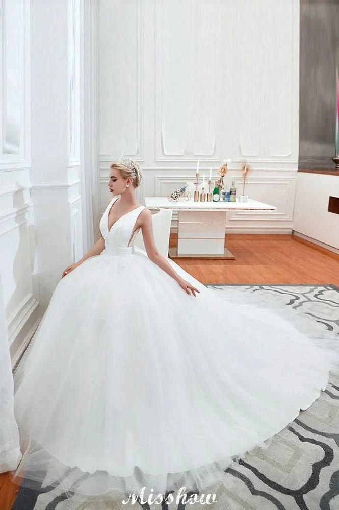 Sexy V-Neck Sleeveless Princess Spring Wedding Dress | White Low Back Bridal Gowns with Belt - Image 3