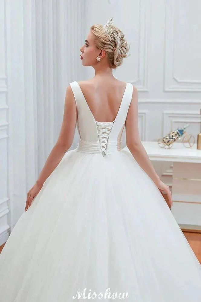 Sexy V-Neck Sleeveless Princess Spring Wedding Dress | White Low Back Bridal Gowns with Belt - Image 6