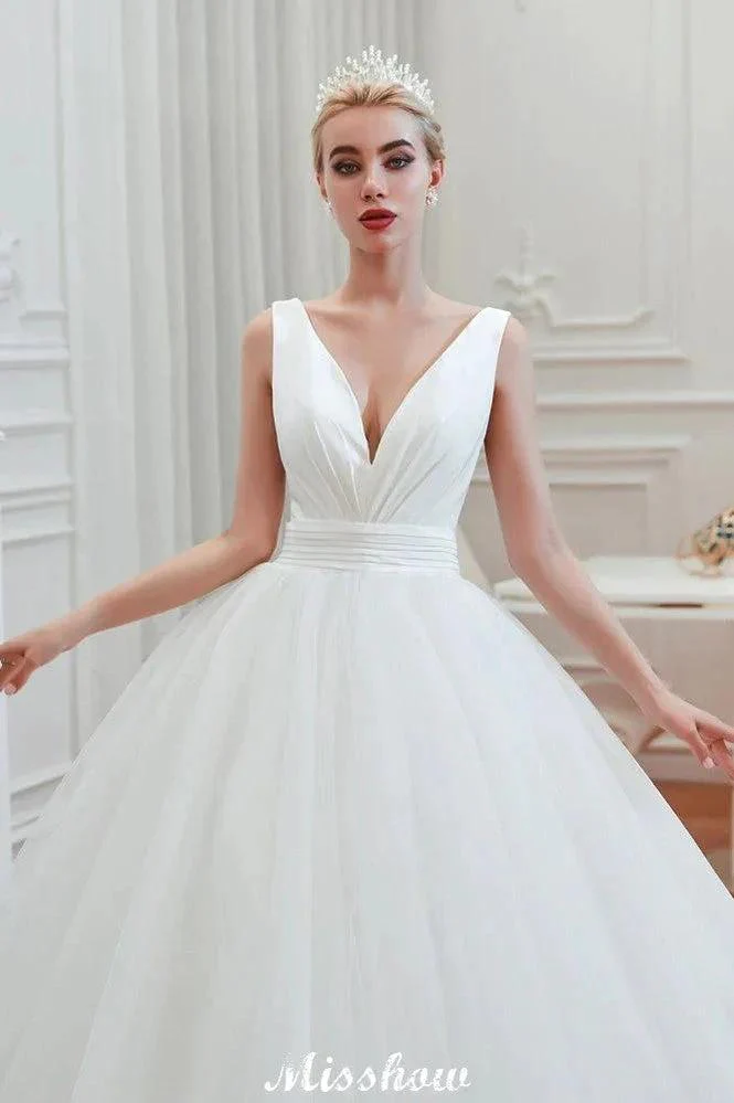 Sexy V-Neck Sleeveless Princess Spring Wedding Dress | White Low Back Bridal Gowns with Belt - Image 7