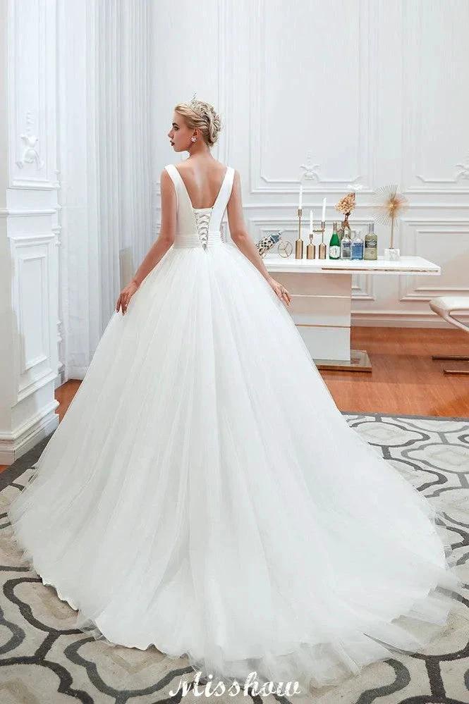 Sexy V-Neck Sleeveless Princess Spring Wedding Dress | White Low Back Bridal Gowns with Belt - Image 8