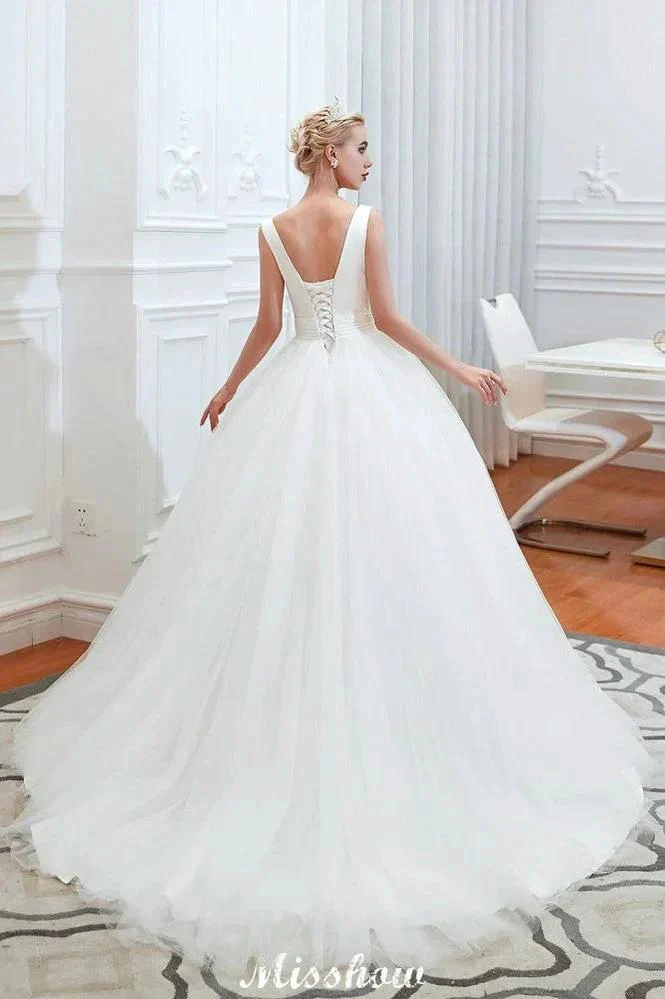 Sexy V-Neck Sleeveless Princess Spring Wedding Dress | White Low Back Bridal Gowns with Belt - Image 9
