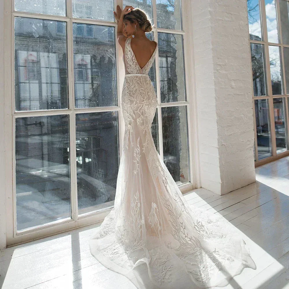 Sexy V-Neck Wedding Dresses Mermaid With Sashes Sleeveless Backless Lace Applique Bridal Gowns 2022 Custom Made Vestido De Noiva - Image 2