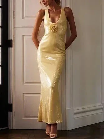 Sexy V Neck Yellow Sequins Sheath Prom Evening Dress With Flowers Y7891 - Image 2