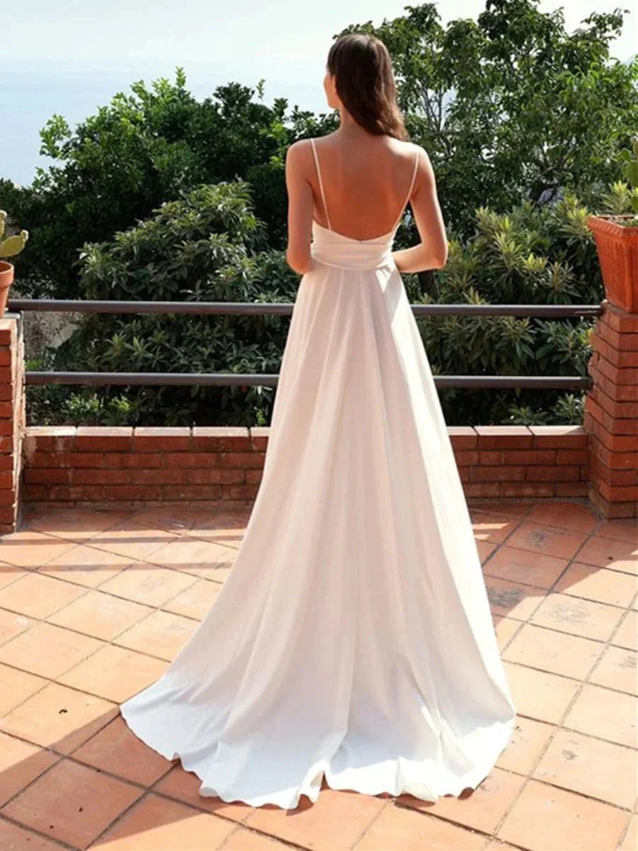 Sexy White Long A-line V-neck Open Back Satin Formal Prom Dresses with Slit - Image 2