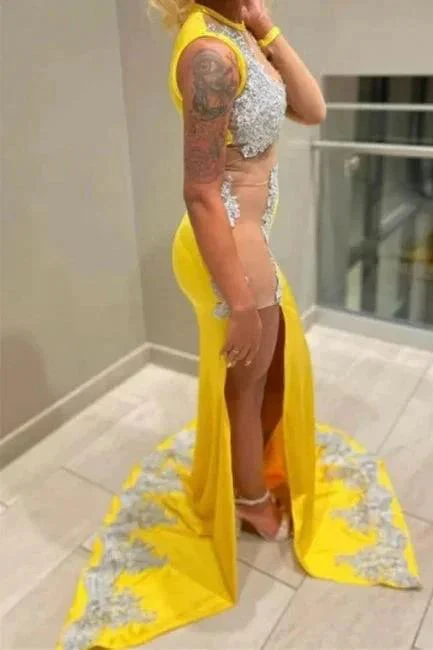 Sexy Yellow Jewel Floor Length Lace Sleeveless Mermaid Prom Dress With Slit - Image 2