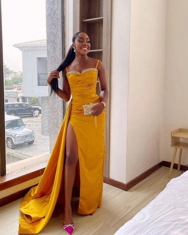 Sexy Yellow Mermaid Side Slit Prom Dress Evening Dress Formal Gowns Y7318 - Image 2