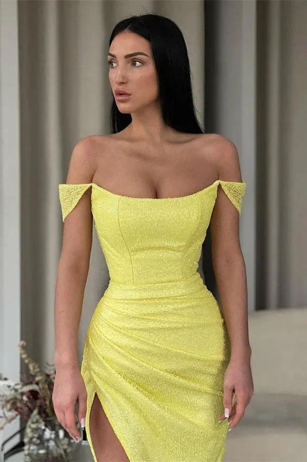 Sexy Yellow Off-the-shoulder Long Prom Dress With Slit - Image 2