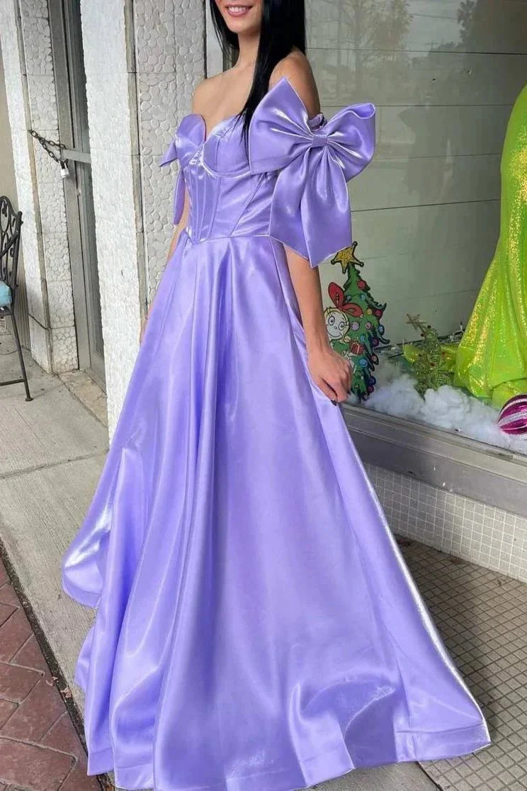 Shanty | A-Line Off-Shoulder Bow Pleated Long Prom Dress - Image 2